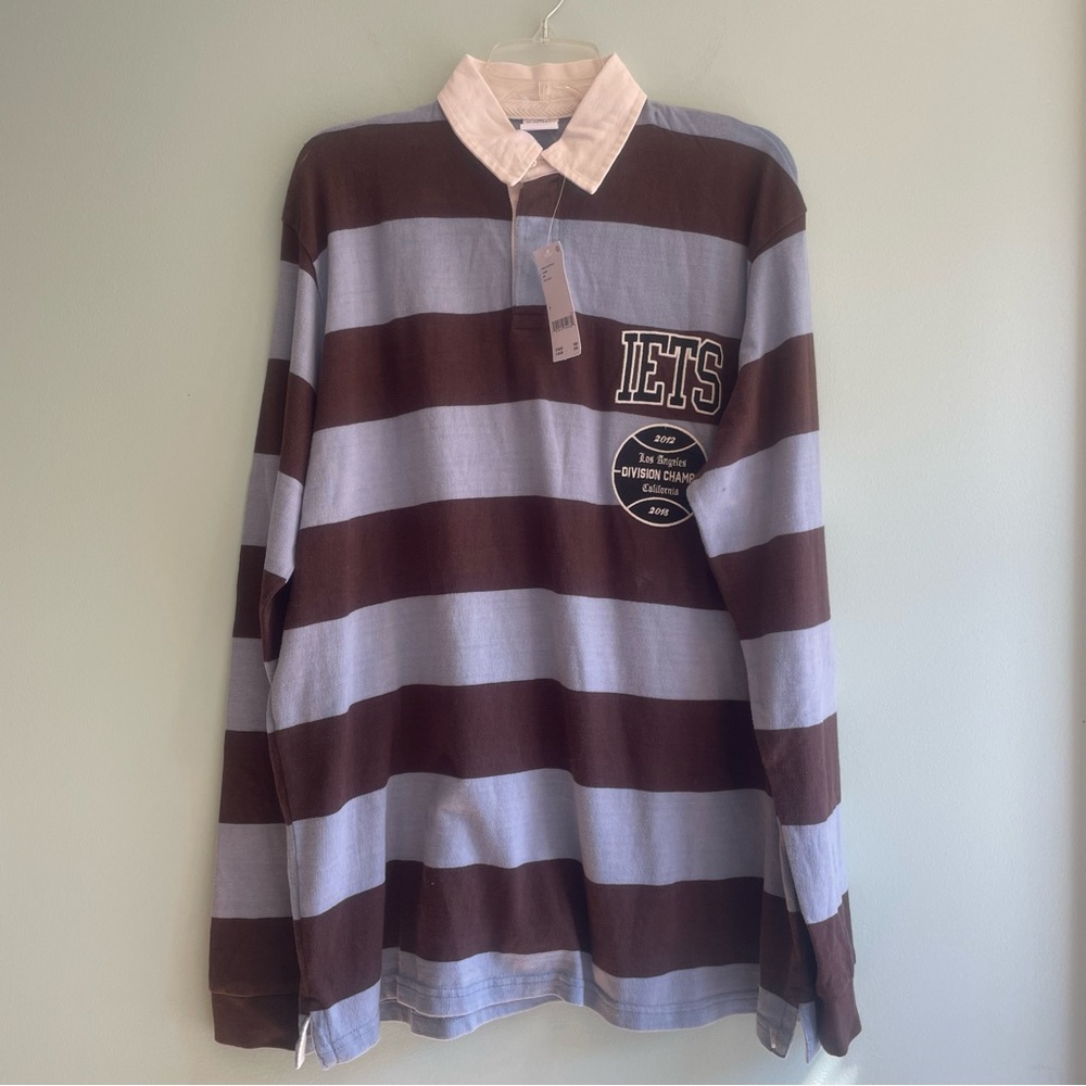 NWT Urban Outfitters Blu & Brown Rugby White Collar Shirt “is frans…” Men’s Sz S